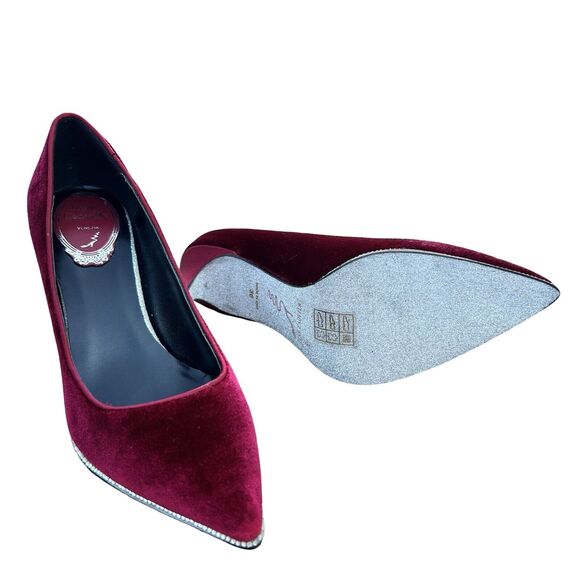 Rene Caovilla Velvet Strass Crystal Point-Toe Pump Women's Red Heel Size 5.5 - Picture 8 of 17